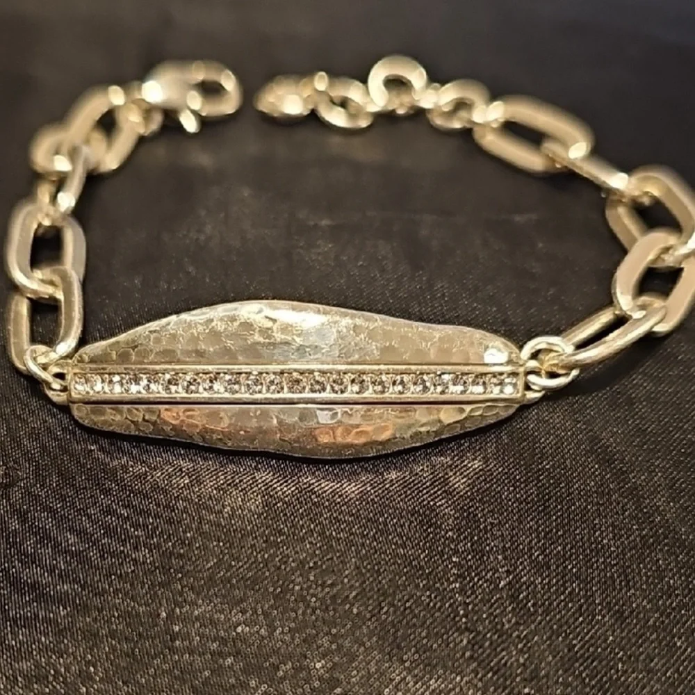 Brighton Silver-Tone Hammered Bar Bracelet with Crystal Row